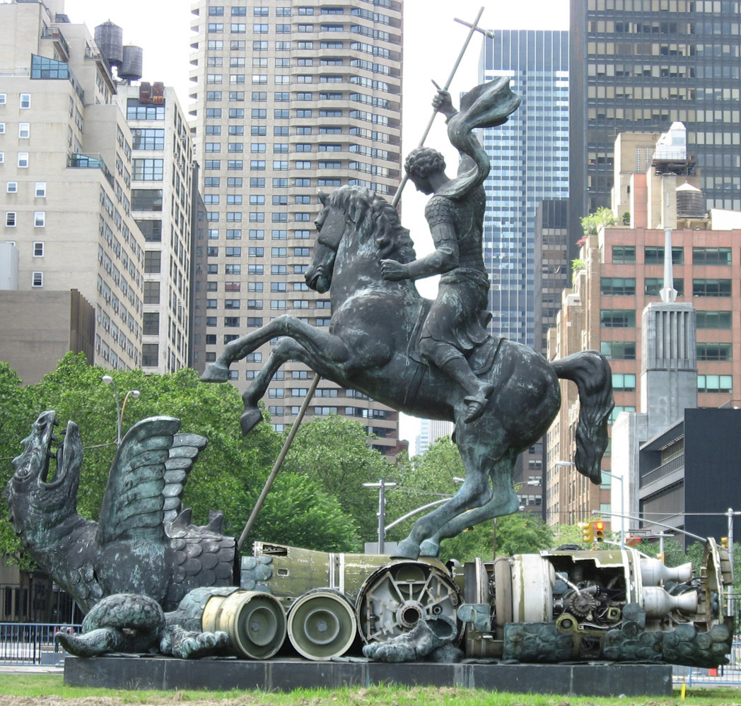 Good Defeats Evil is a bronze sculpture by Soviet/Russian painter and sculptor Zurab Tsereteli (1934 – ).  The sculpture is located at the U.N. Visitors’ Entrance in New York City.(Photo by UN Gifts)